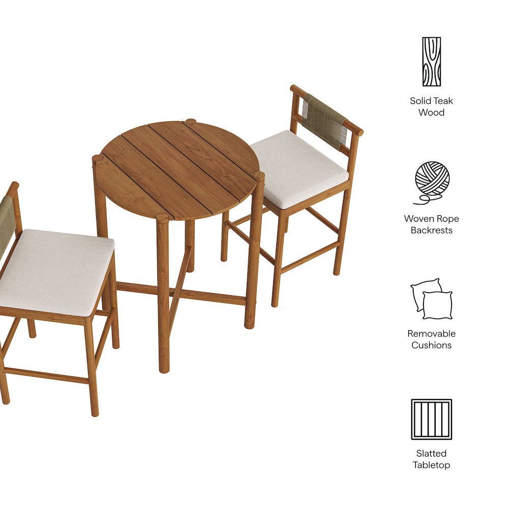 Eleni 3-Piece Outdoor Patio Teak Wood Bar Set. Picture 2