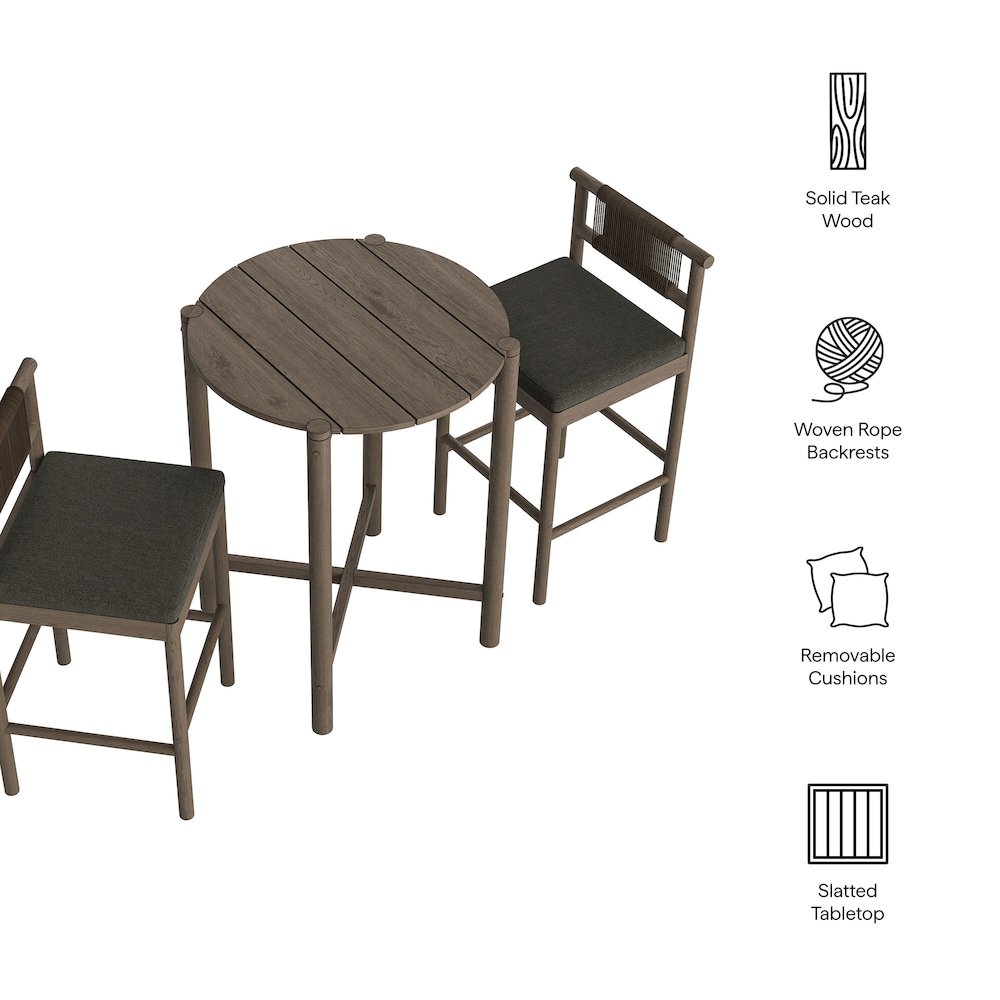 Eleni 3-Piece Outdoor Patio Teak Wood Bar Set. Picture 2