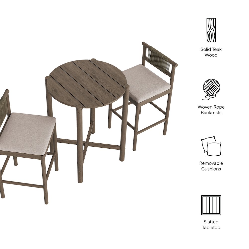 Eleni 3-Piece Outdoor Patio Teak Wood Bar Set. Picture 2