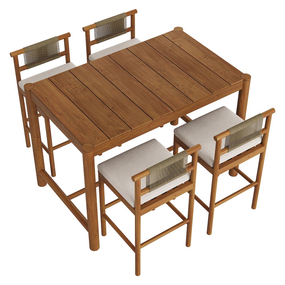 Eleni 5-Piece Outdoor Patio Teak Wood Bar Set. Picture 5