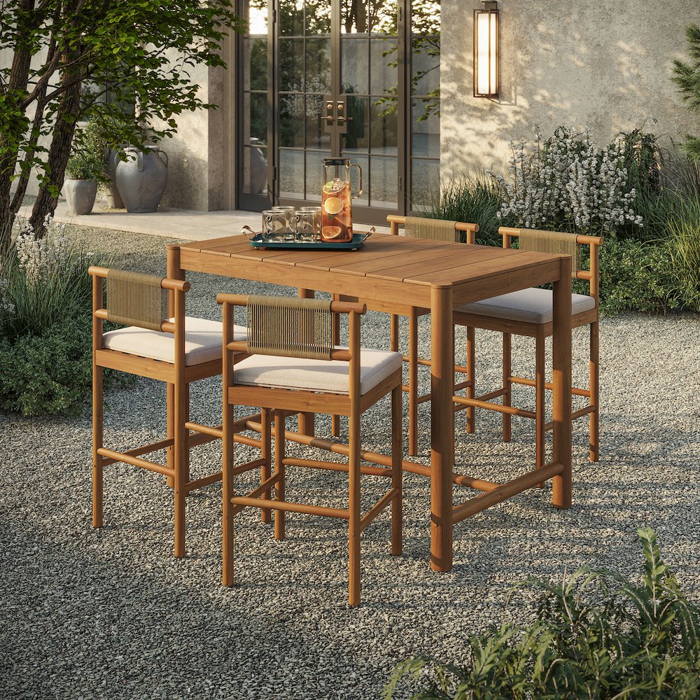 Eleni 5-Piece Outdoor Patio Teak Wood Bar Set. Picture 6
