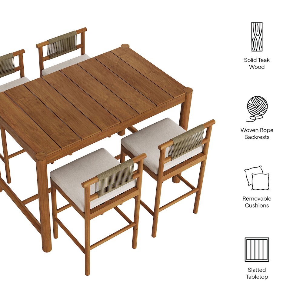 Eleni 5-Piece Outdoor Patio Teak Wood Bar Set. Picture 2
