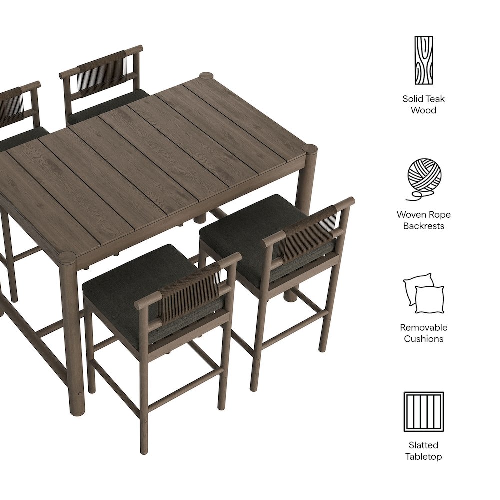 Eleni 5-Piece Outdoor Patio Teak Wood Bar Set. Picture 2