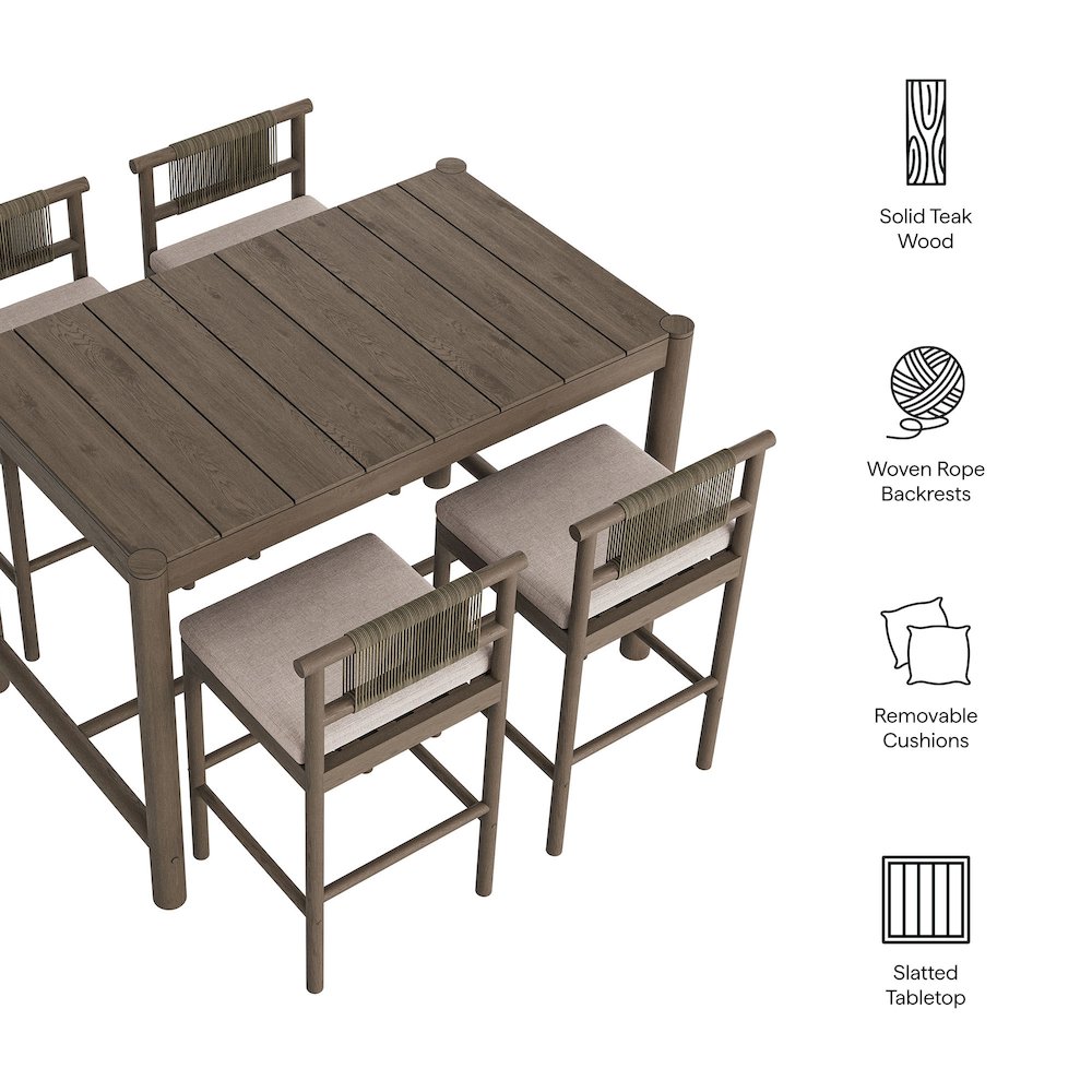 Eleni 5-Piece Outdoor Patio Teak Wood Bar Set. Picture 2