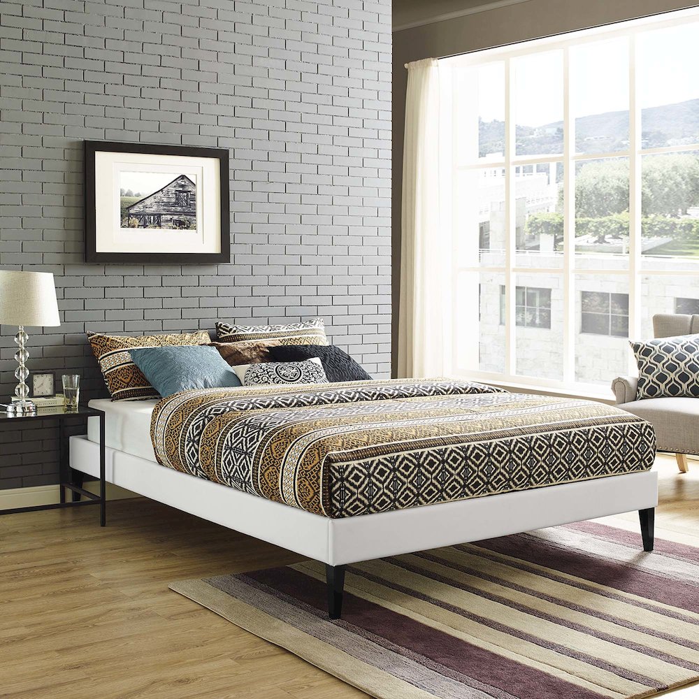 Tessie Vinyl Queen Bed Frame with Squared Tapered Legs. Picture 5