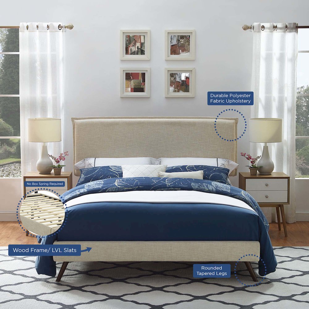 Amaris Fabric Queen Platform Bed with Round Splayed Legs. Picture 6