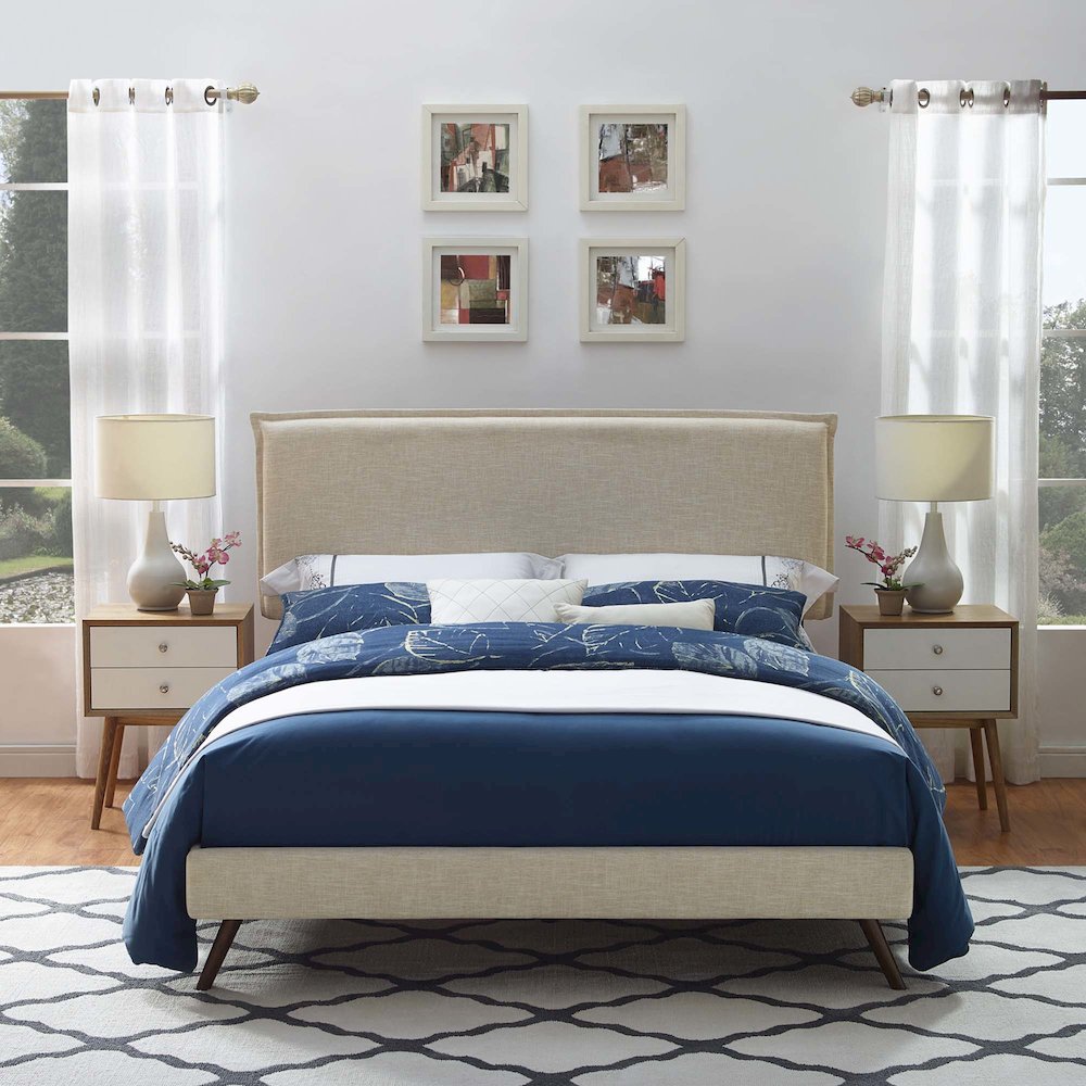Amaris Fabric Queen Platform Bed with Round Splayed Legs. Picture 5
