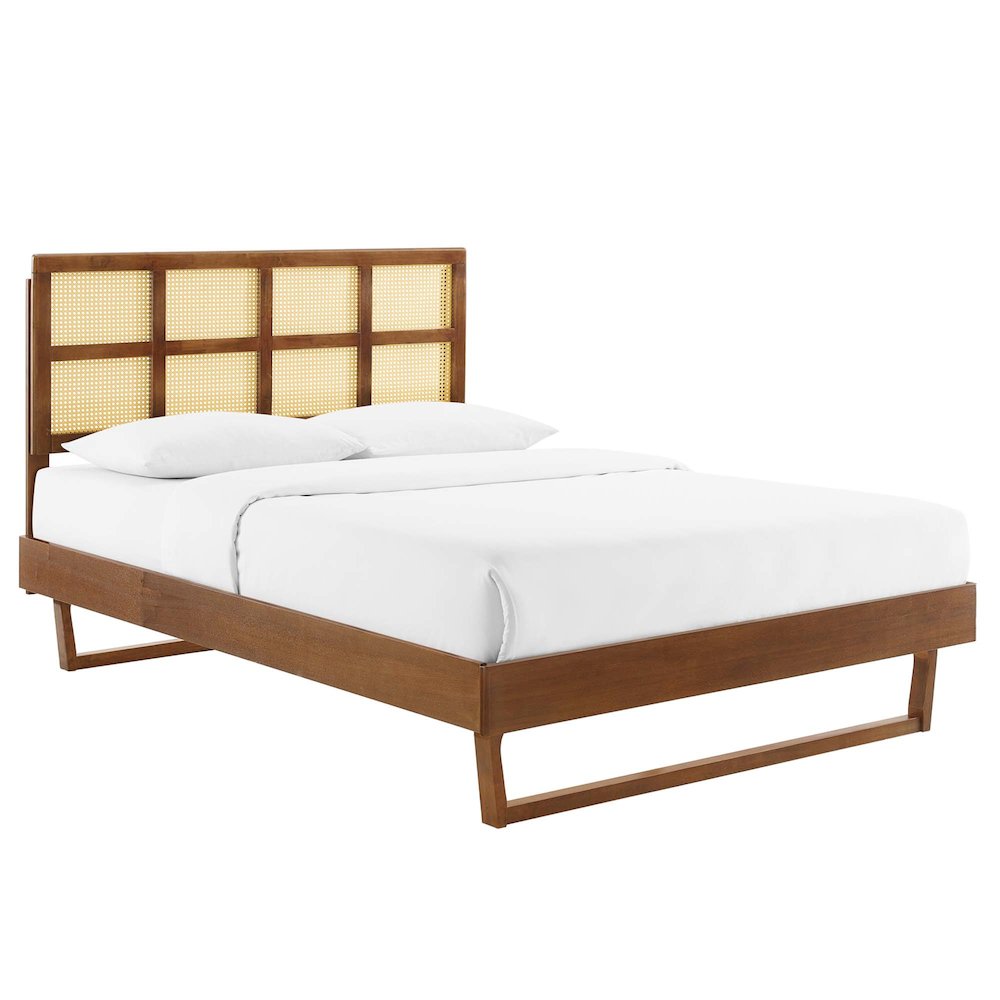 Sidney Cane and Wood Queen Platform Bed With Angular Legs. Picture 1