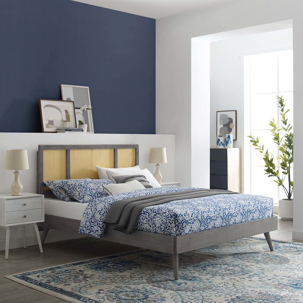 Kelsea Cane and Wood Full Platform Bed With Splayed Legs. Picture 7