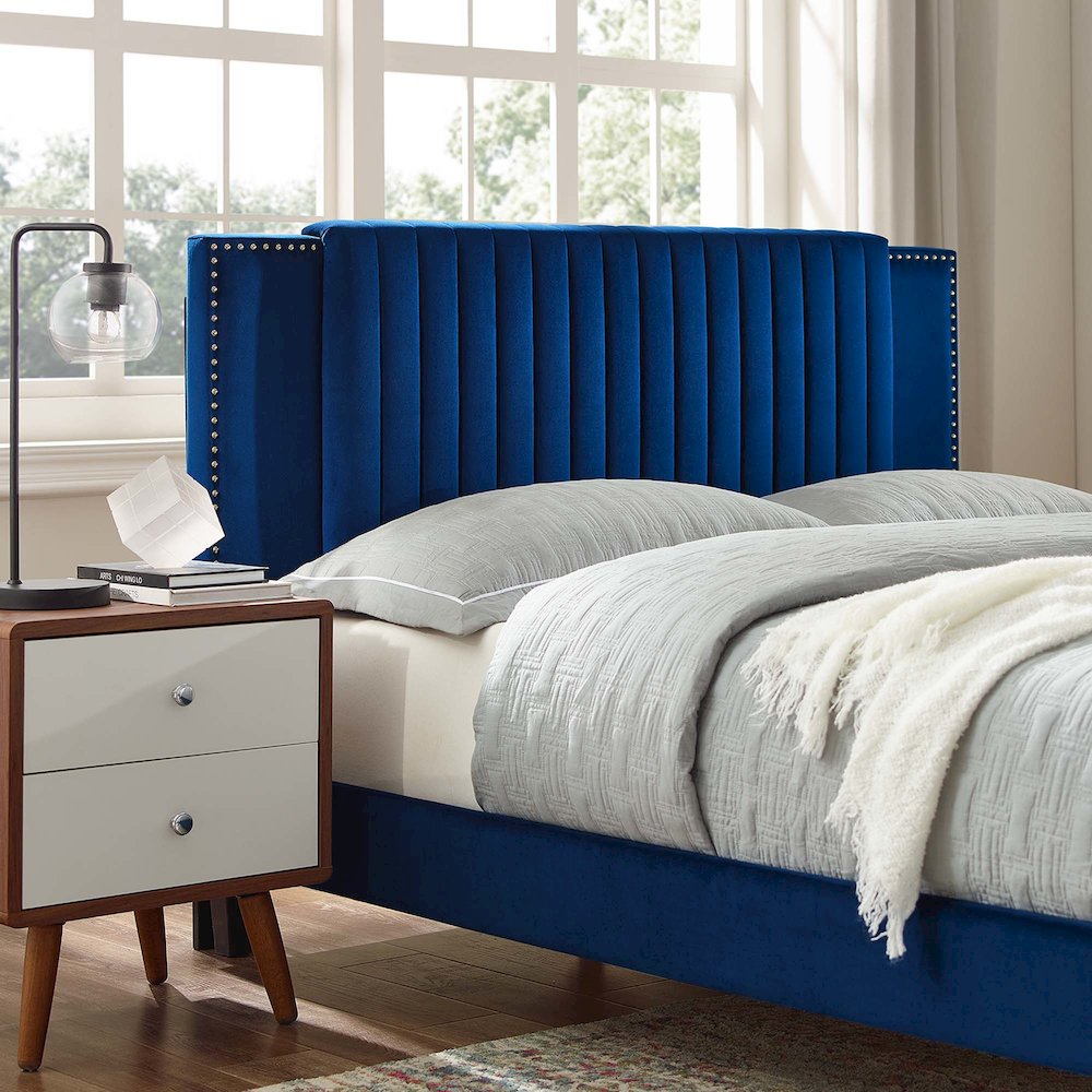 Zahra Channel Tufted Performance Velvet Queen Platform Bed. Picture 8