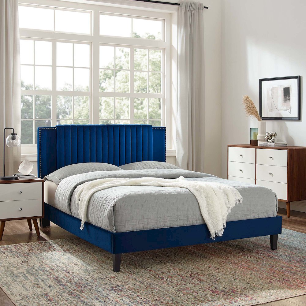 Zahra Channel Tufted Performance Velvet Queen Platform Bed. Picture 7