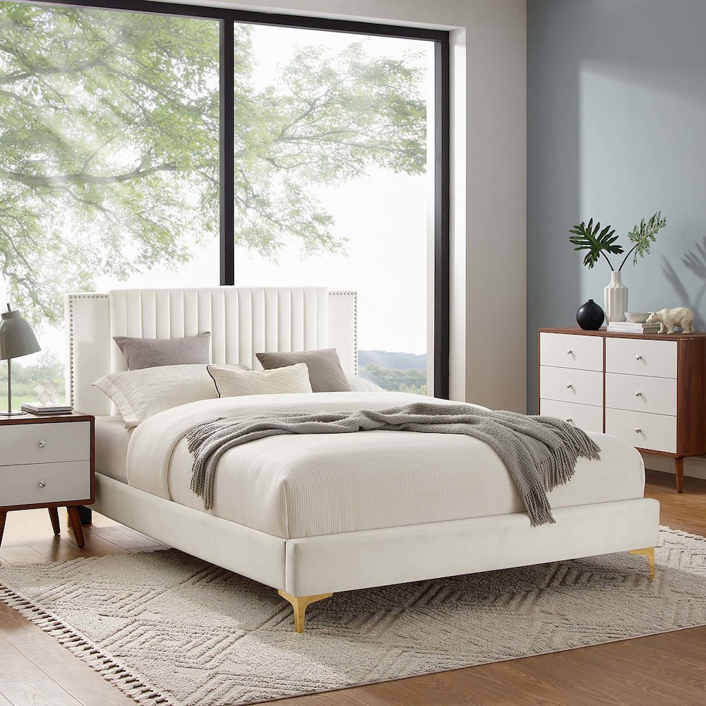 Zahra Channel Tufted Performance Velvet Queen Platform Bed. Picture 7