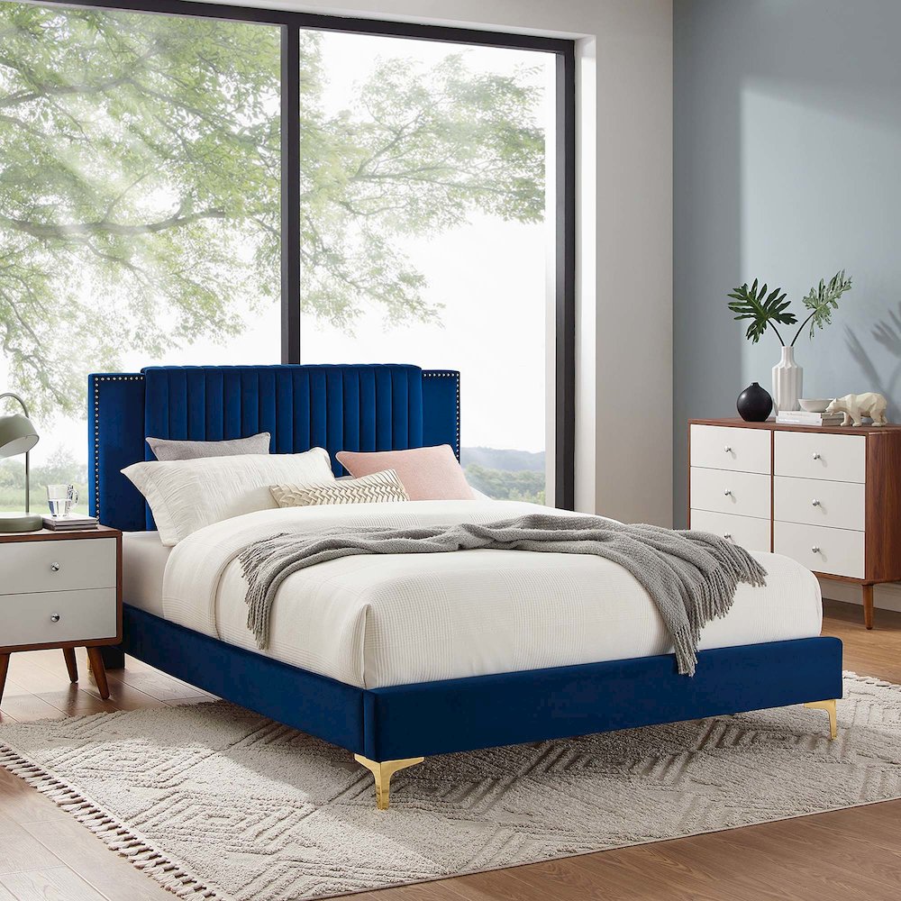 Zahra Channel Tufted Performance Velvet Full Platform Bed. Picture 7