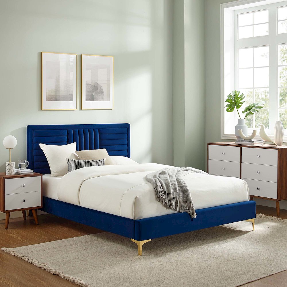 Sofia Channel Tufted Performance Velvet Full Platform Bed. Picture 7