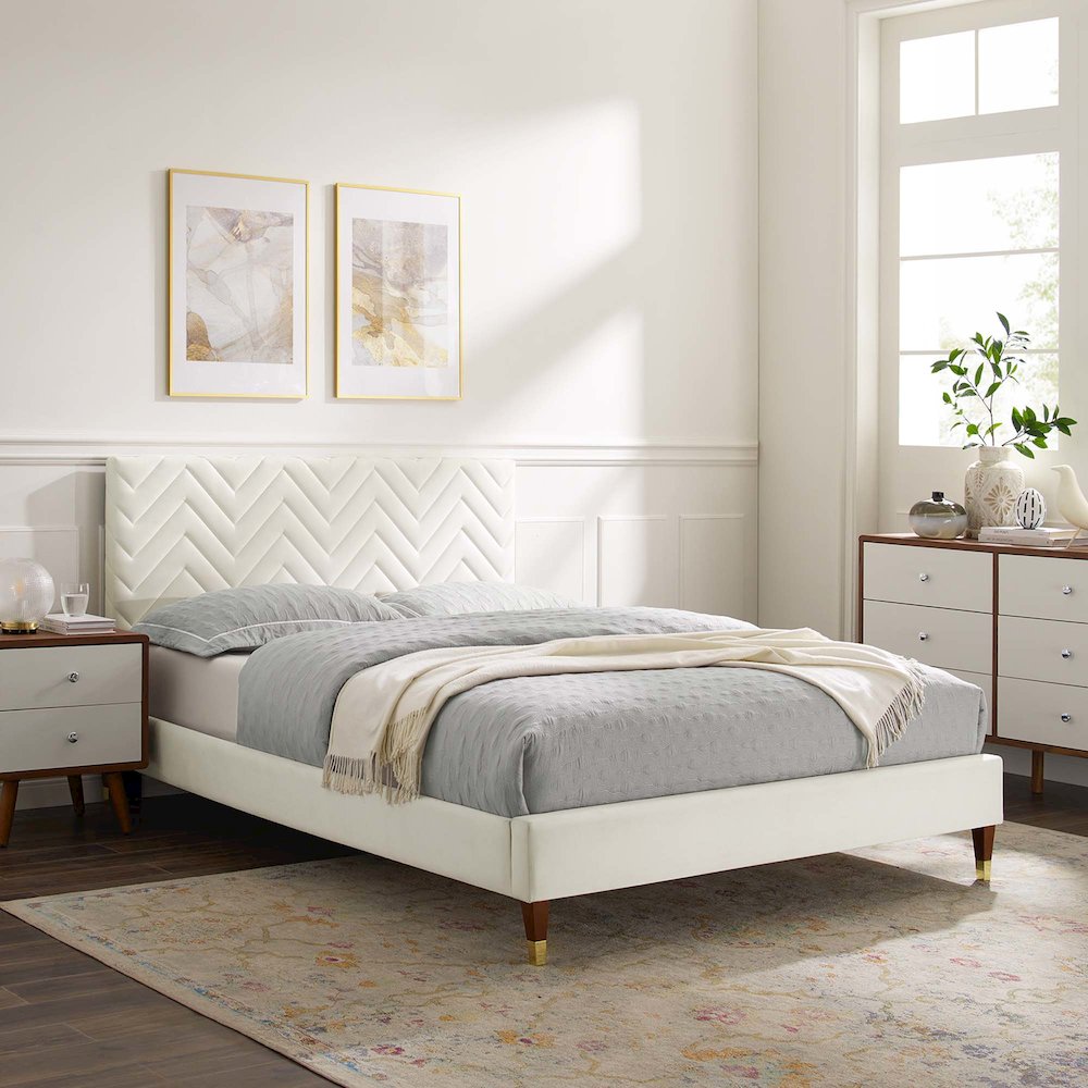 Leah Chevron Tufted Performance Velvet Full Platform Bed. Picture 7
