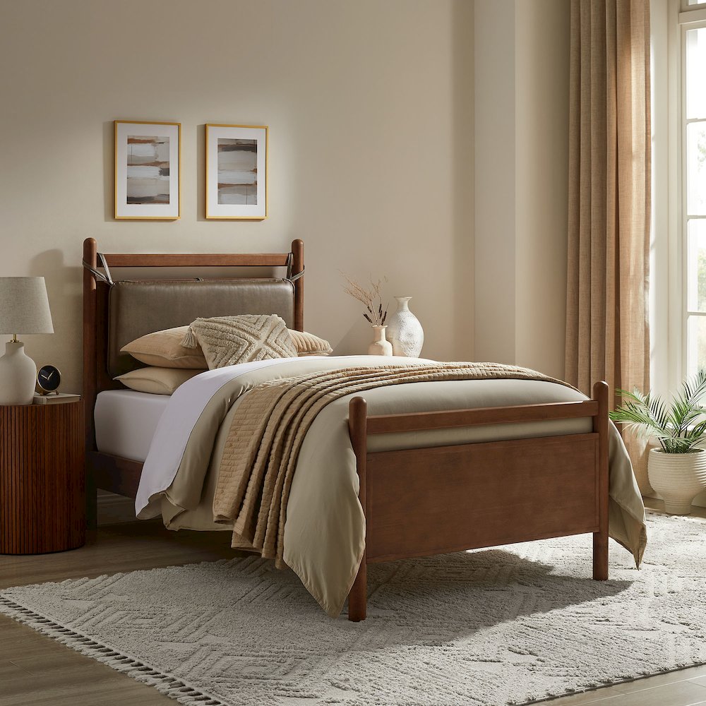 Leni Twin Size Vegan Leather and Wood Platform Bed Frame. Picture 9
