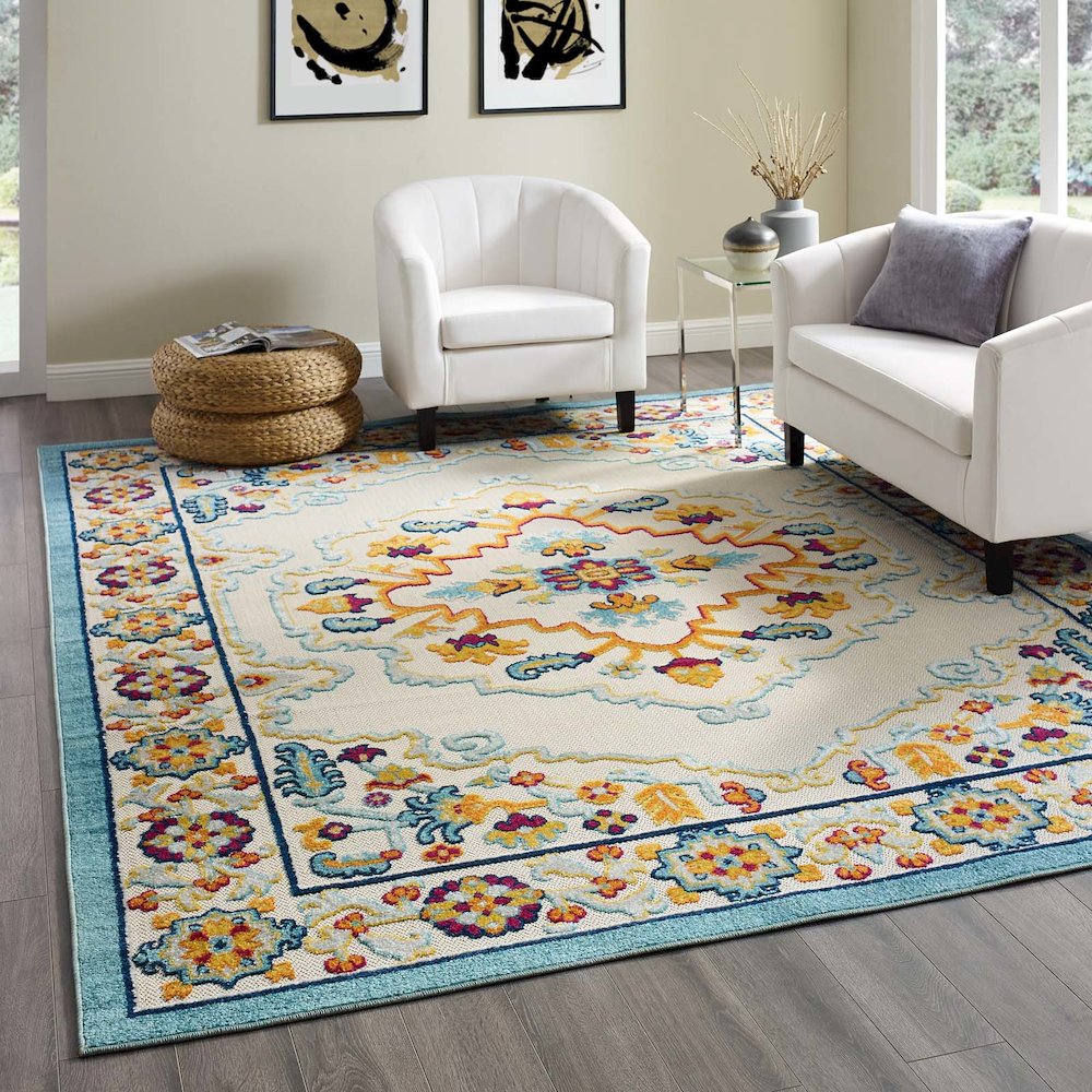 Ansel Distressed Floral Vintage Medallion 8x10 Indoor and Outdoor Area Rug. Picture 5