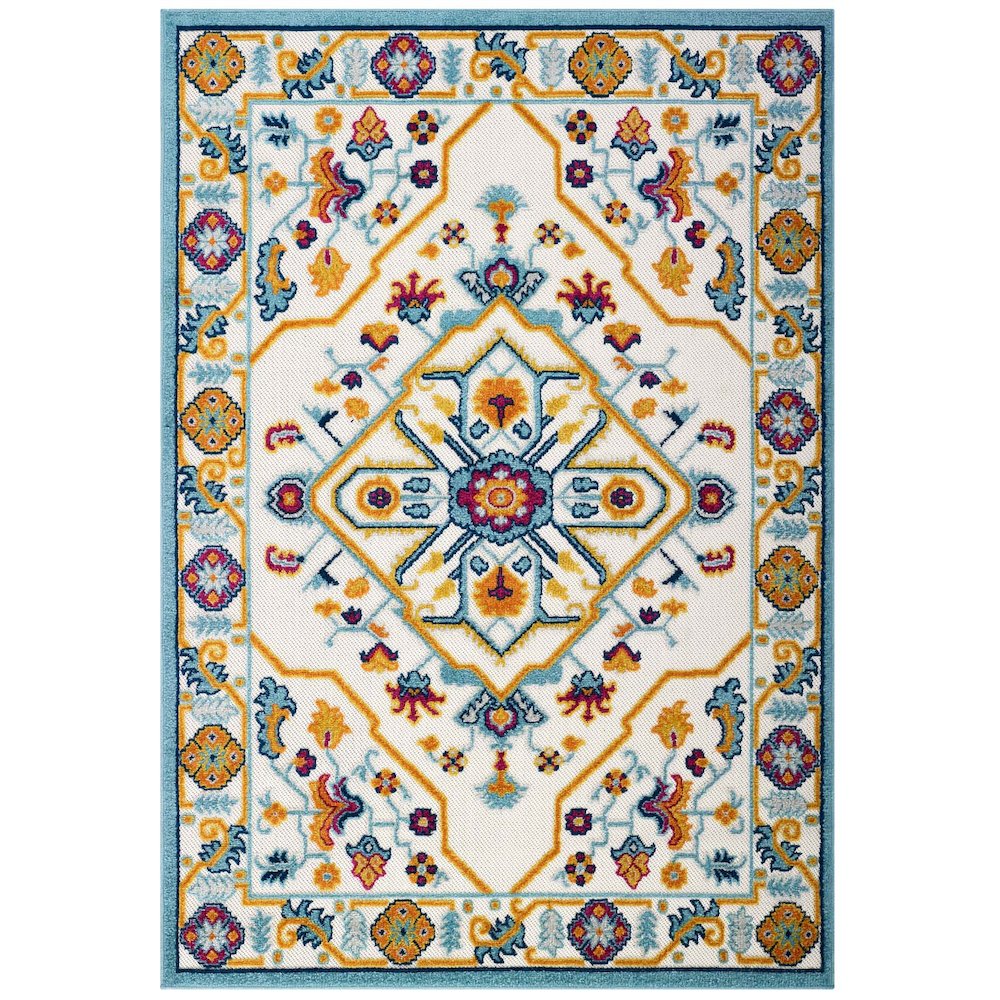 Freesia Distressed Floral Vintage Medallion 5x8 Indoor and Outdoor Area Rug. Picture 1