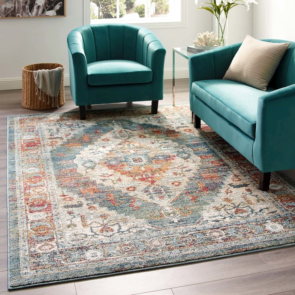 Tribute Camellia Distressed Vintage Floral Vintage Medallion 5x8 Area Rug. Picture 5