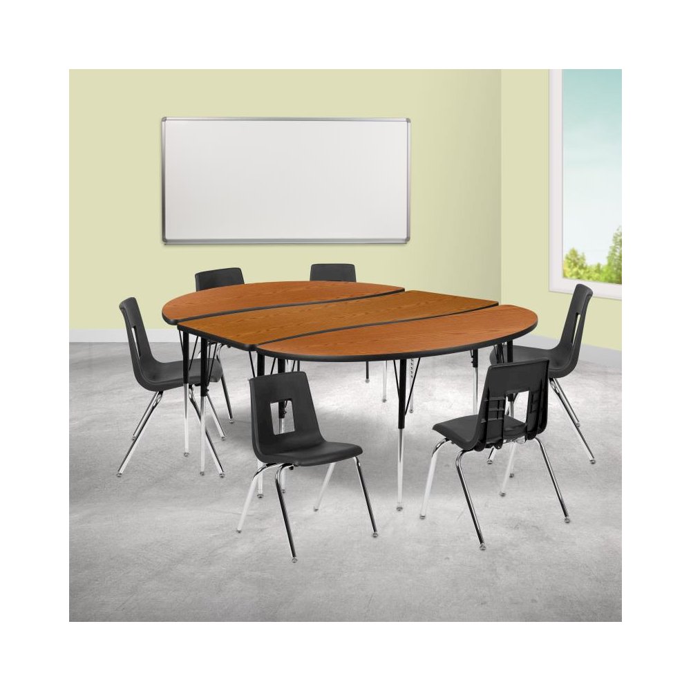 86" Oval Wave Flexible Laminate Activity Table Set with 18" Student Stack Chairs, Oak/Black. Picture 2