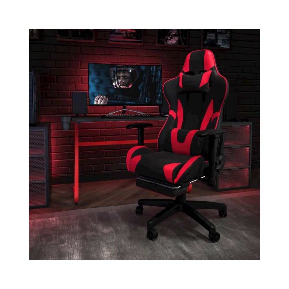 Red Gaming Desk and Red/Black Footrest Reclining Gaming Chair Set with Cup Holder and Headphone Hook. Picture 2
