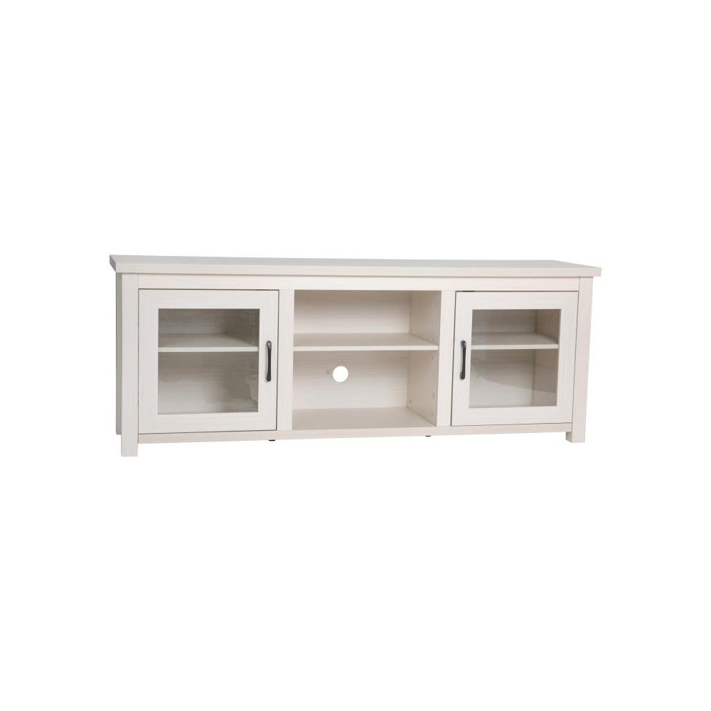 Classic TV Stand up to 80" TVs - Modern White Wash Finish with Full Glass Doors  - 65" Engineered Wood Frame - 3 Shelves. Picture 1