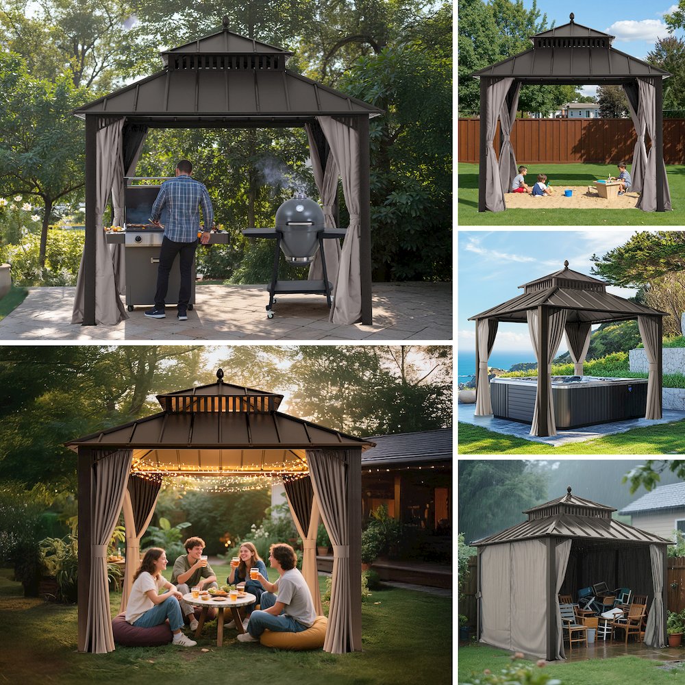 10 ft x 10 ft Hardtop Gazebo with Steel Roof, Brown Aluminum Frame. Picture 4
