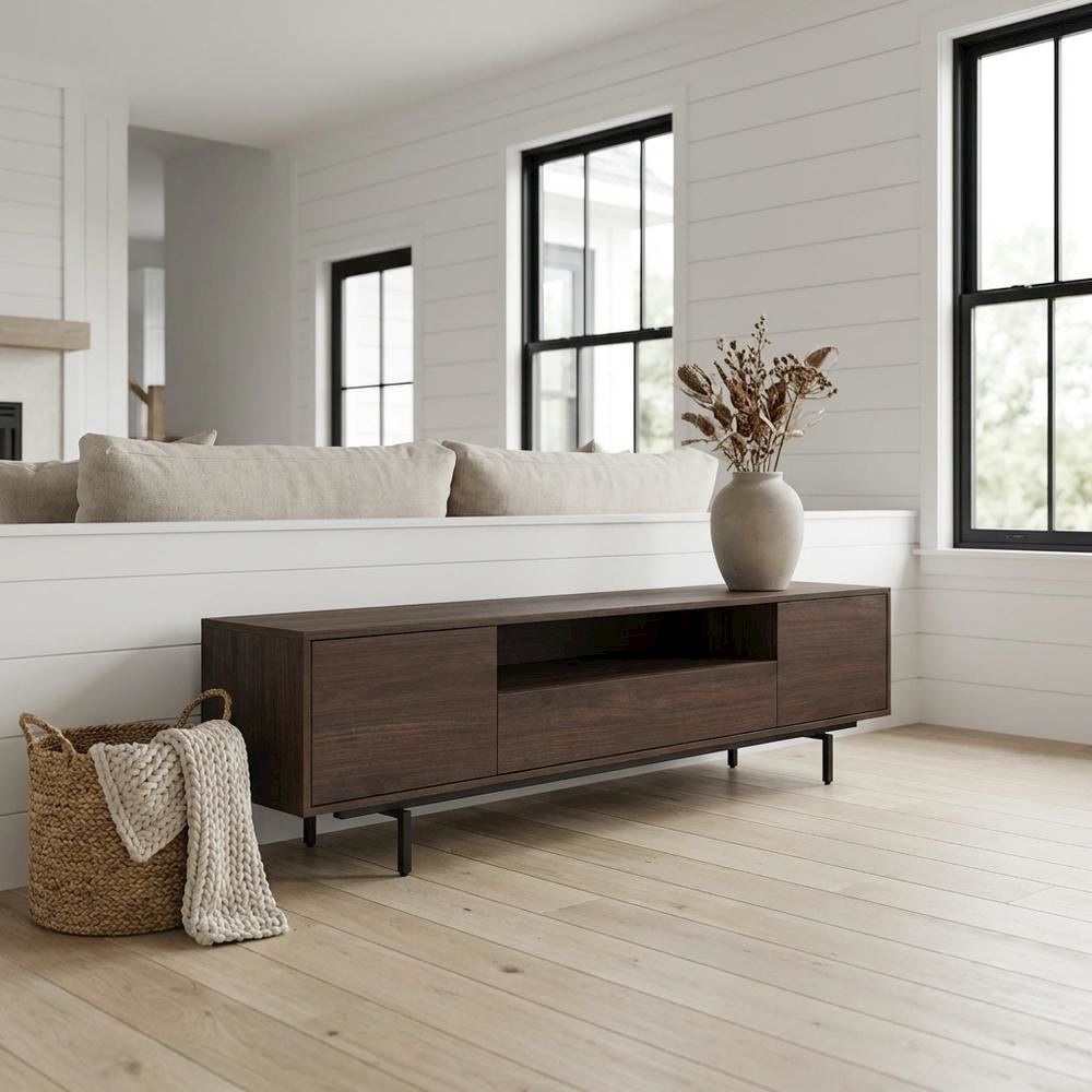 Walnut Finish Modern TV Console with 3 Doors in Engineered Wood. Picture 2