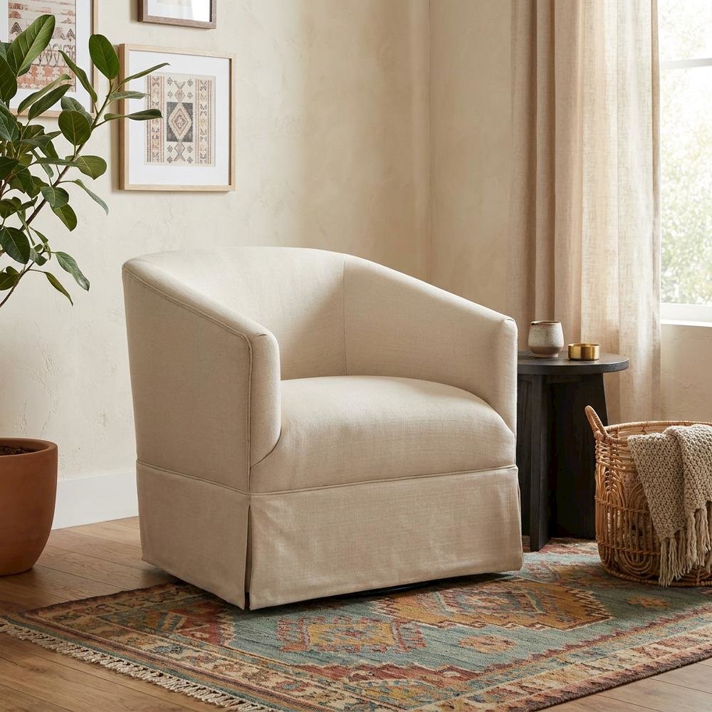 Beige Swivel Chair with Linen Skirted Design and Solid Wood Frame. Picture 2