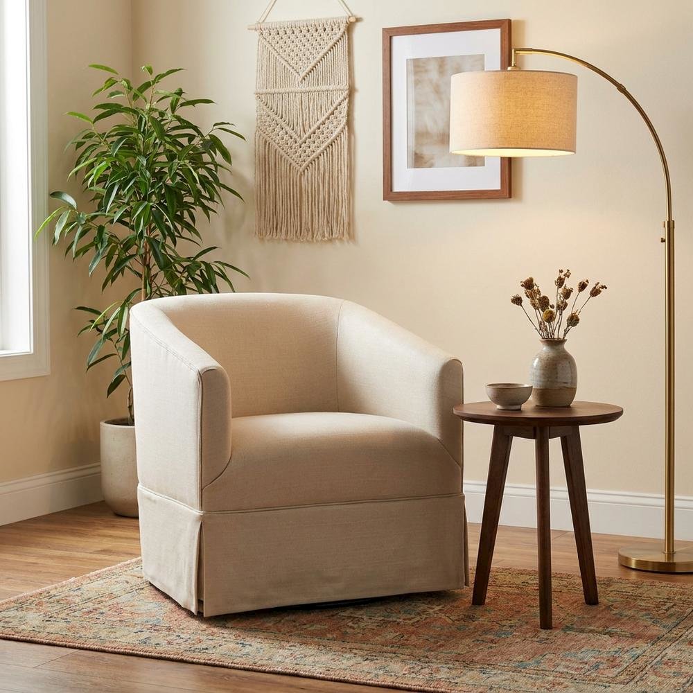 Beige Swivel Chair with Linen Skirted Design and Solid Wood Frame. Picture 3