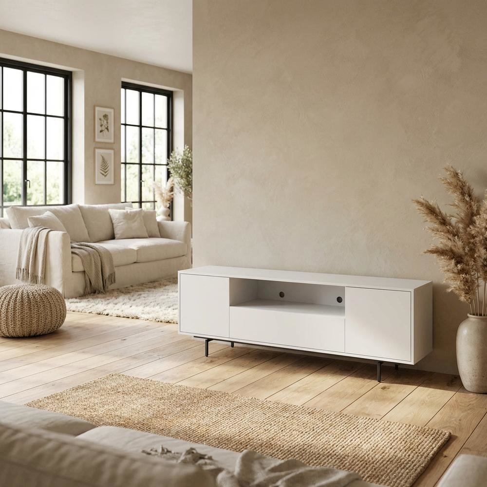 White Laminate TV Console with 3 Doors in Modern Industrial Style. Picture 3