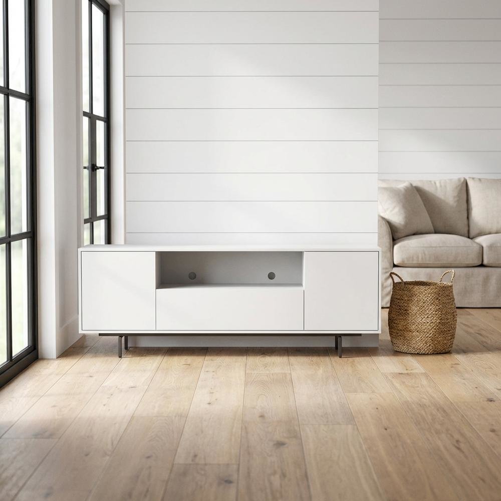 White Laminate TV Console with 3 Doors in Modern Industrial Style. Picture 2