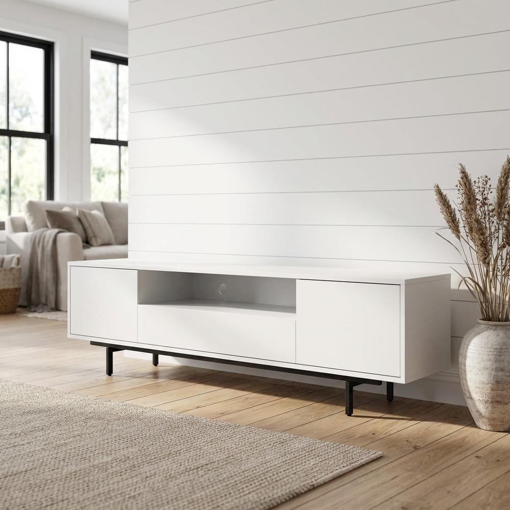 White Laminate TV Console with 3 Doors in Modern and Industrial Styles. Picture 2