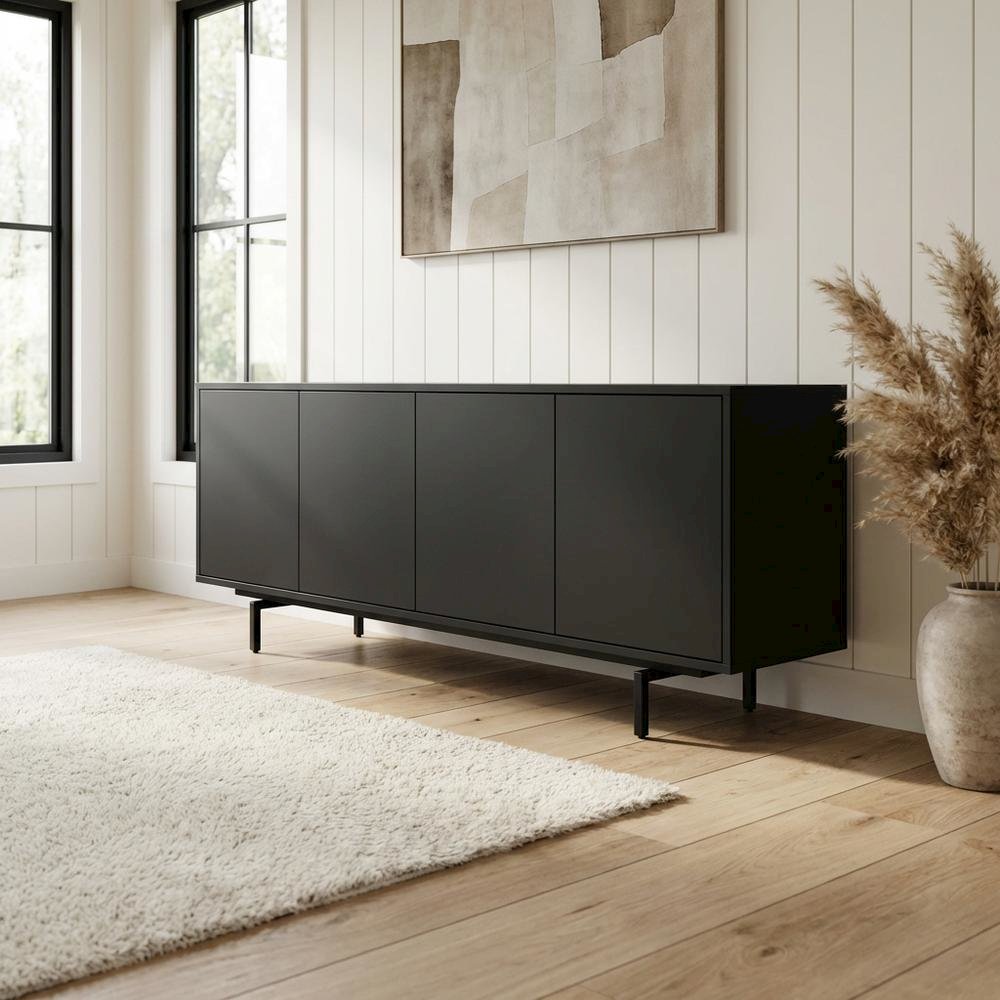 Black Laminate TV Console with Four Doors and Modern Style. Picture 3