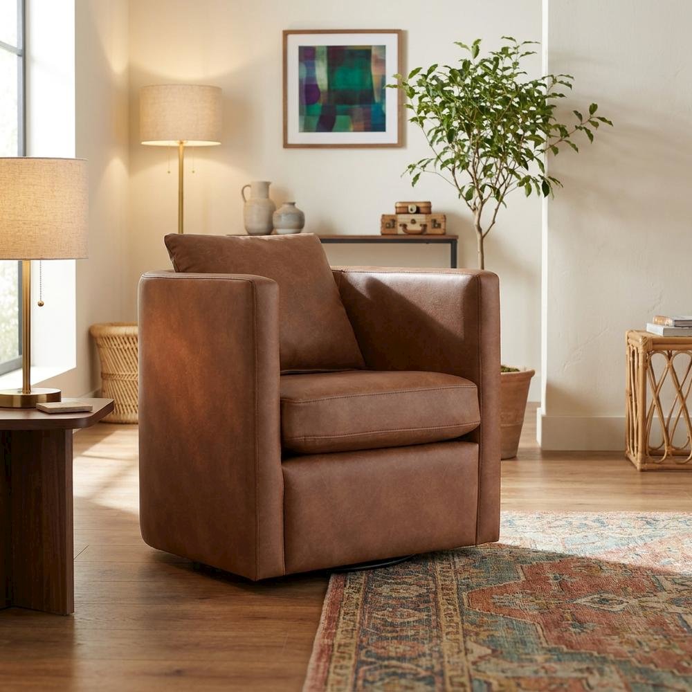 Brown Faux Leather Swivel Barrel Chair with Cushioned Seat. Picture 2