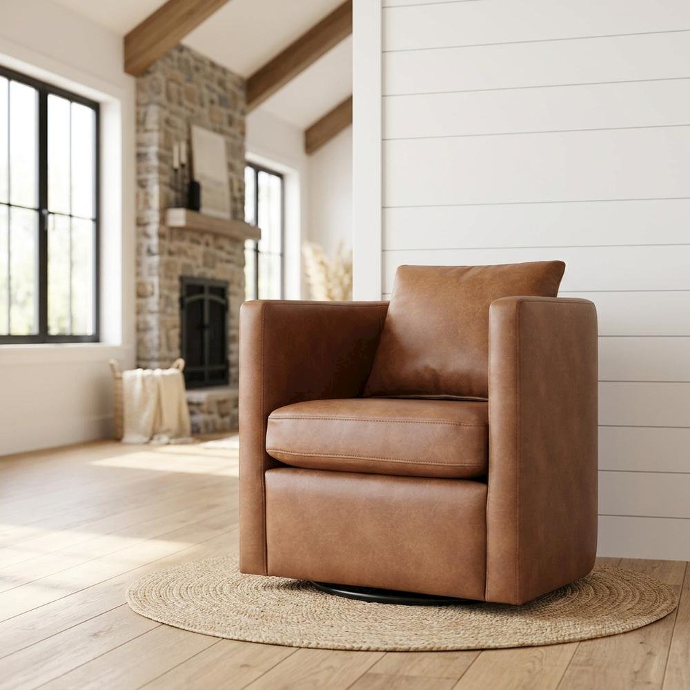Brown Faux Leather Swivel Barrel Chair with Cushioned Seat. Picture 3