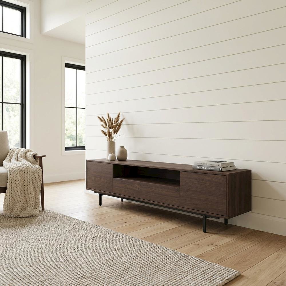 Walnut Finish Modern TV Console with 3 Doors in Engineered Wood. Picture 3