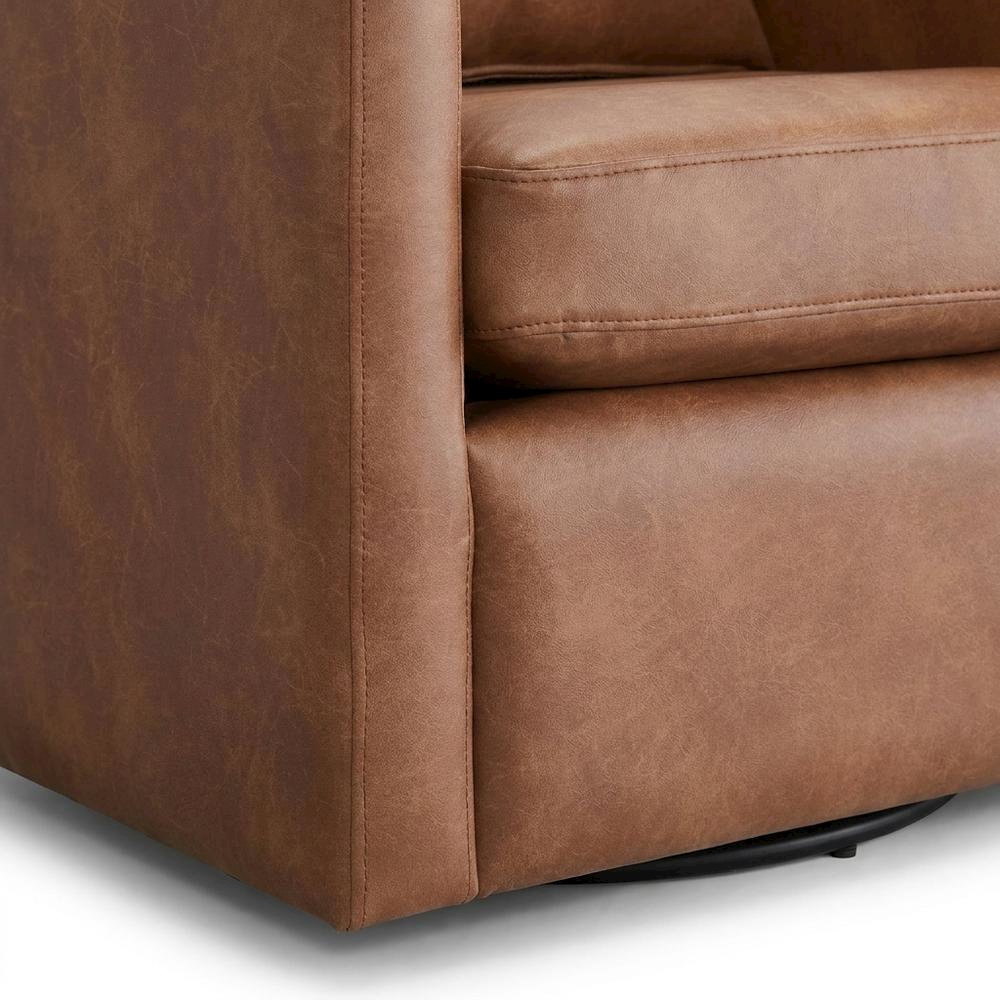 Brown Faux Leather Swivel Barrel Chair with Cushioned Seat. Picture 4