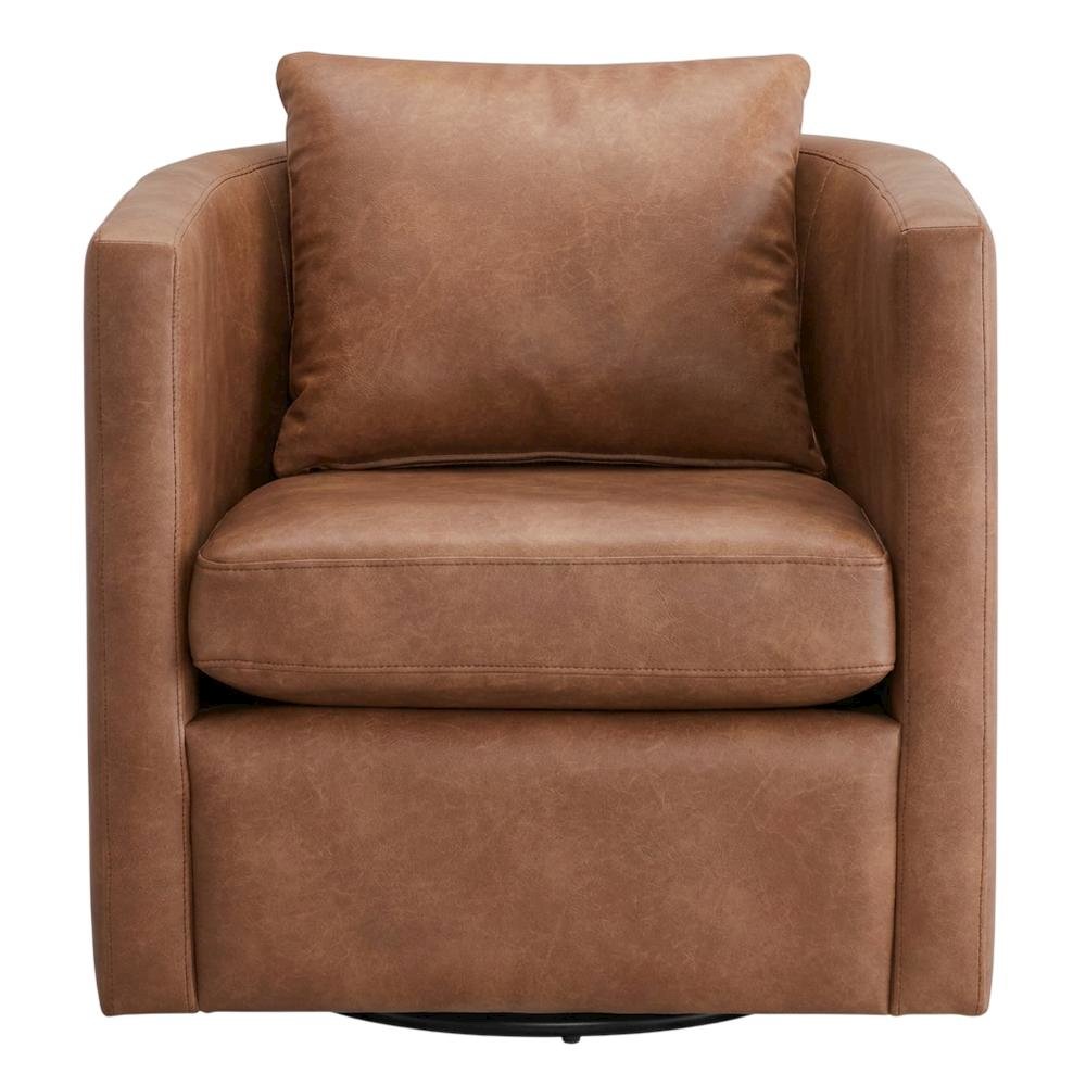Brown Faux Leather Swivel Barrel Chair with Cushioned Seat. Picture 1