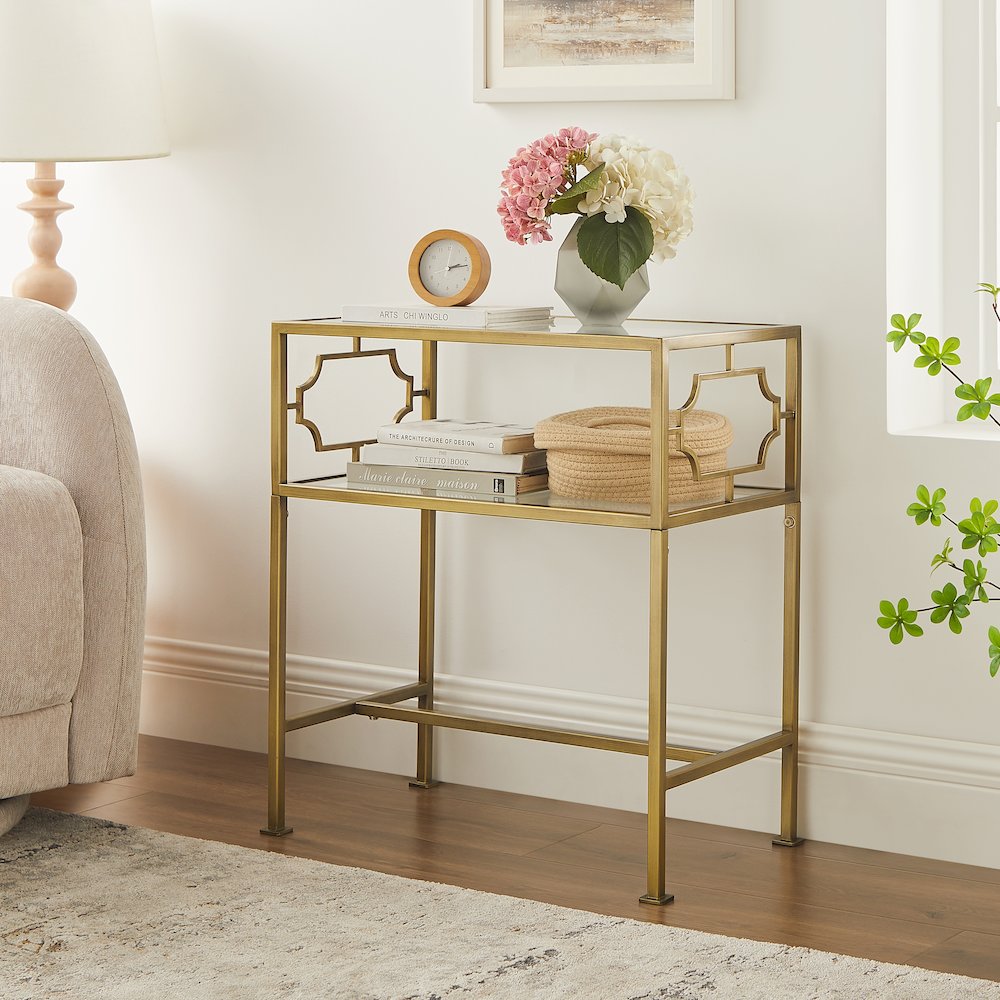 Gretna Rectangular Antique Gold Metal and Glass Accent Table. Picture 2