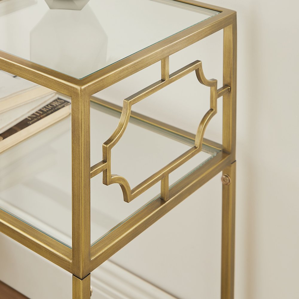 Gretna Rectangular Antique Gold Metal and Glass Accent Table. Picture 3