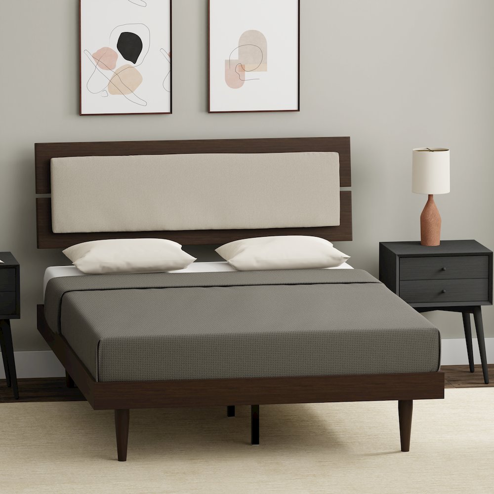 Benoni Full Wooden Bed with Taupe Cushion Walnut. Picture 7