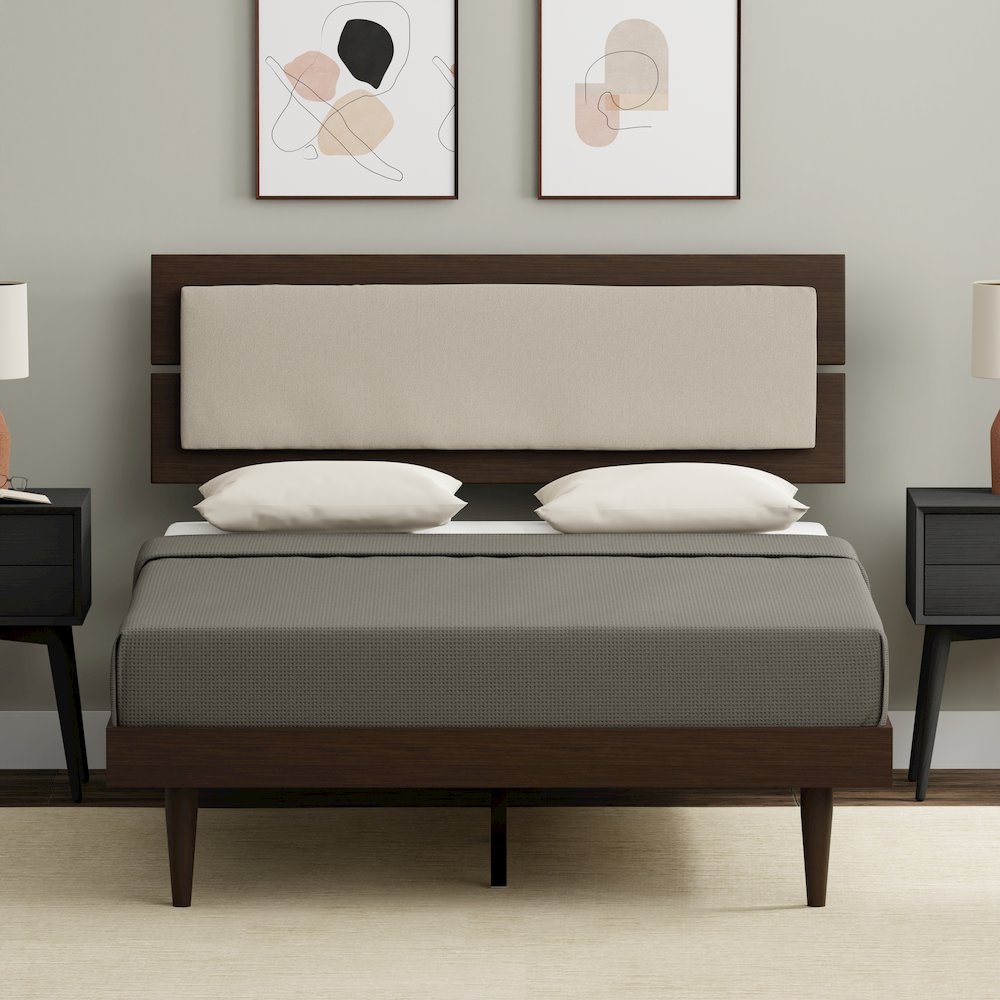 Benoni Full Wooden Bed with Taupe Cushion Walnut. Picture 10