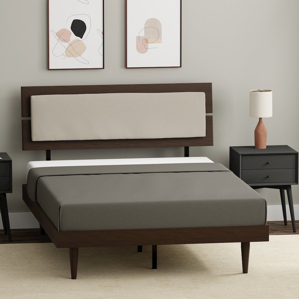 Benoni Full Wooden Bed with Taupe Cushion Walnut. Picture 11