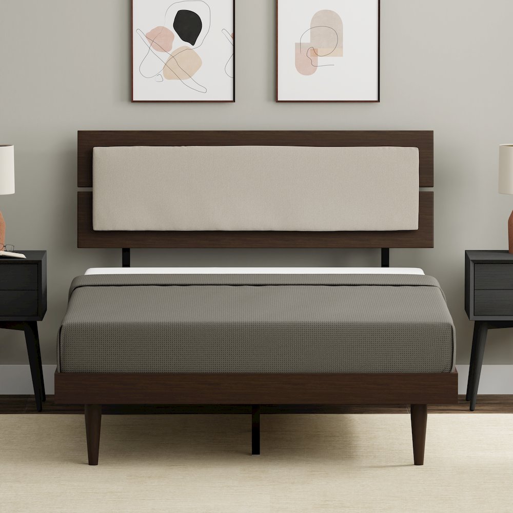 Benoni Full Wooden Bed with Taupe Cushion Walnut. Picture 12