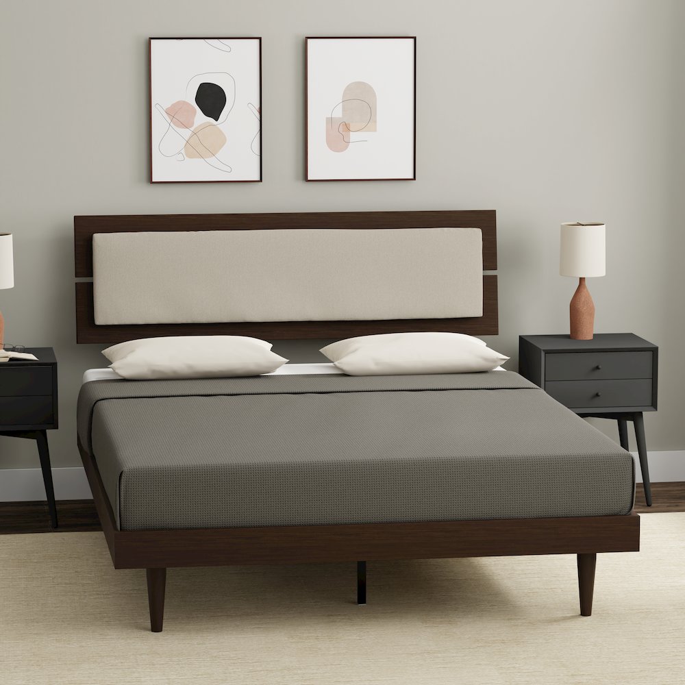 Benoni Queen Wooden Bed with Taupe Cushion Walnut. Picture 6