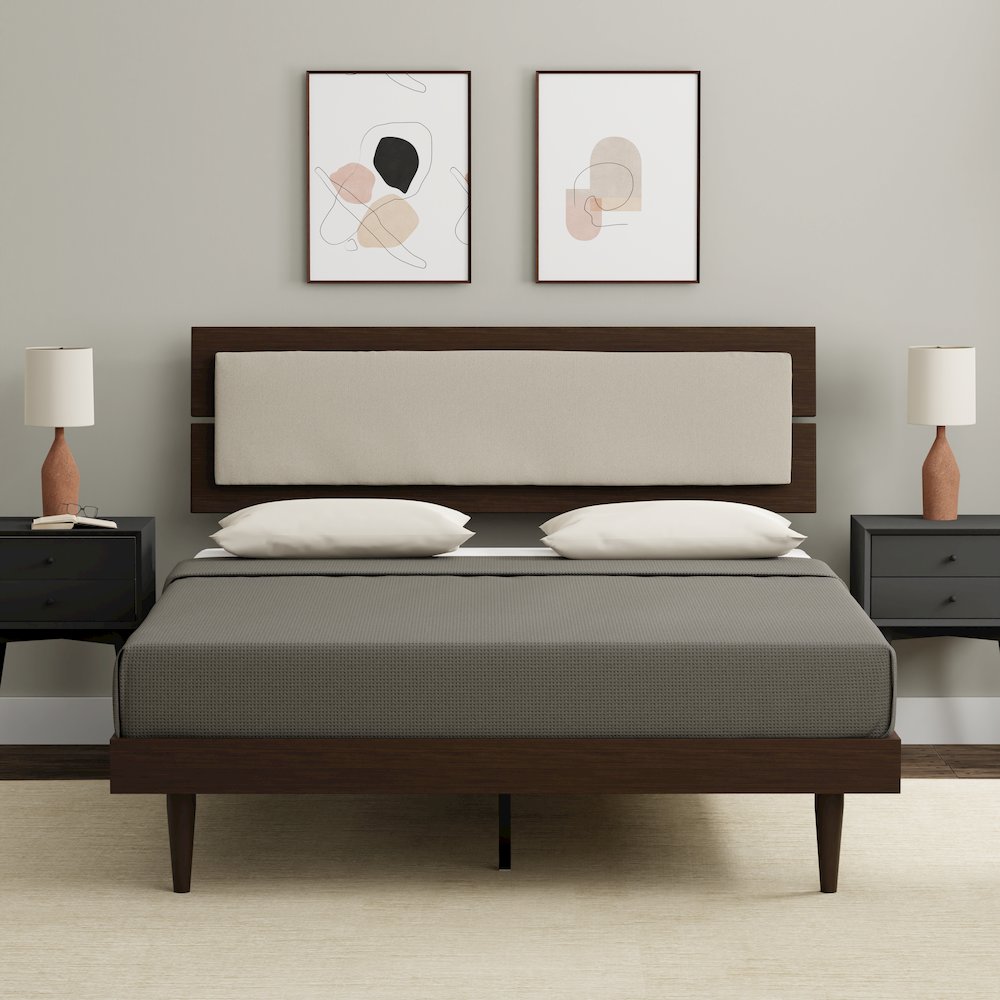 Benoni Queen Wooden Bed with Taupe Cushion Walnut. Picture 7