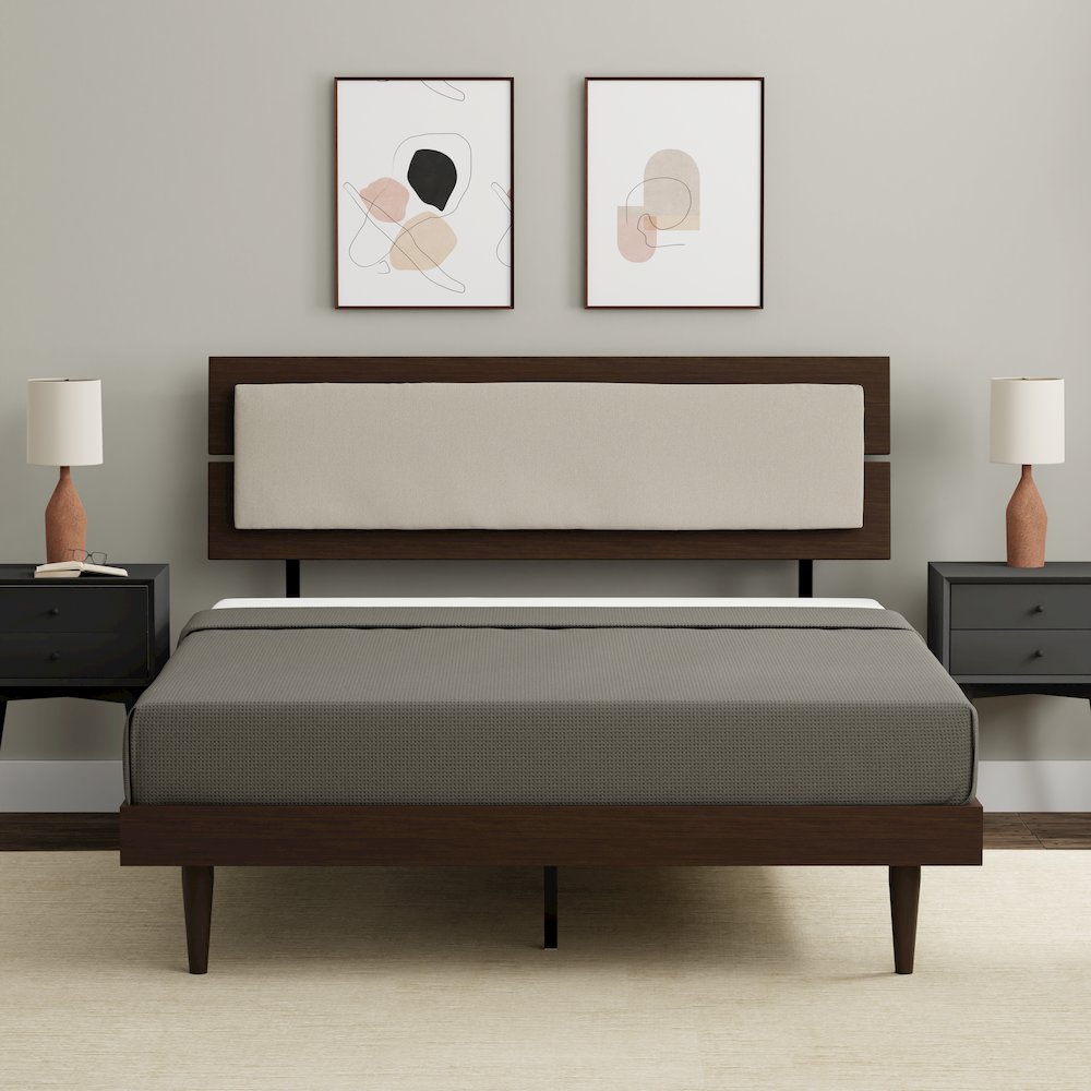 Benoni Queen Wooden Bed with Taupe Cushion Walnut. Picture 8