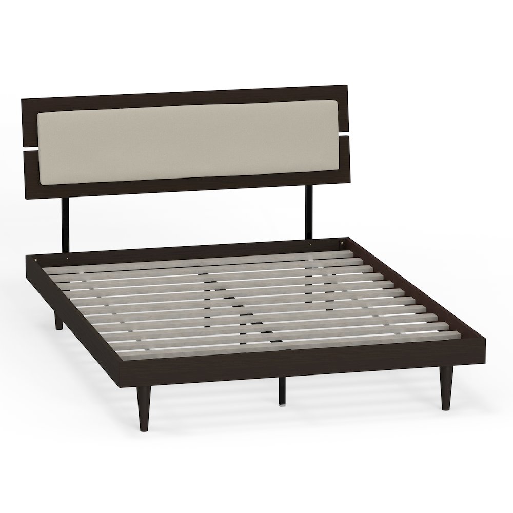 Benoni Queen Wooden Bed with Taupe Cushion Walnut. Picture 1