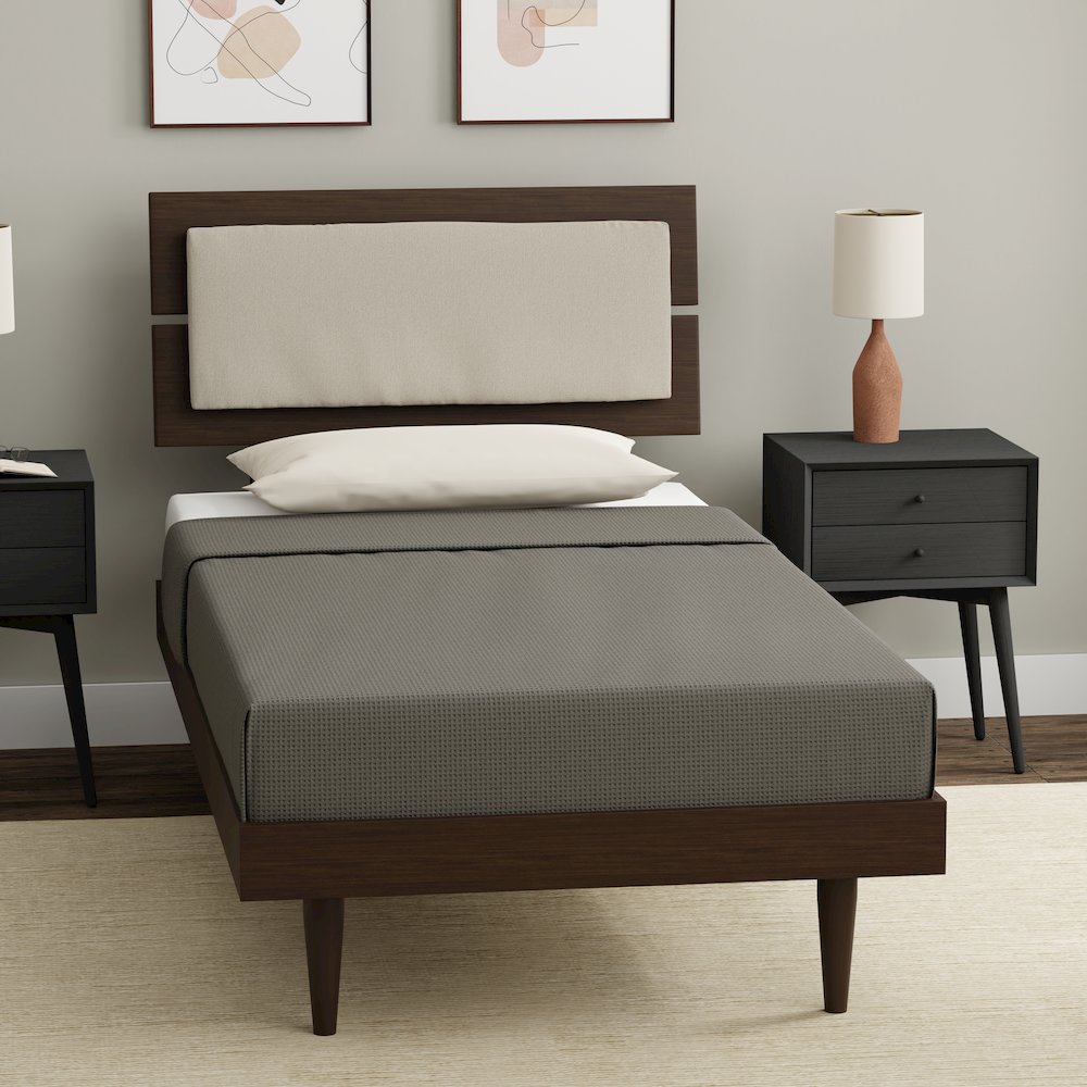 Benoni Twin Wooden Bed with Taupe Cushion Walnut. Picture 6